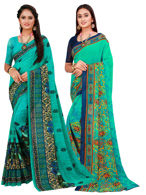 

KALINI Green Pack Of 2 Printed Pure Georgette Sarees