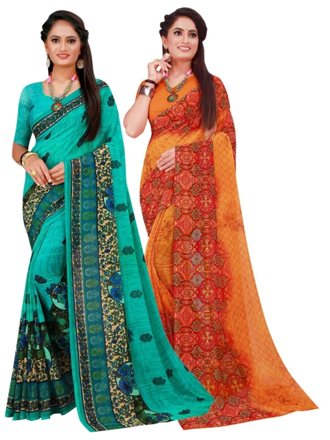 

KALINI Turquoise Blue & Orange Pack Of 2 Printed Pure Georgette Sarees