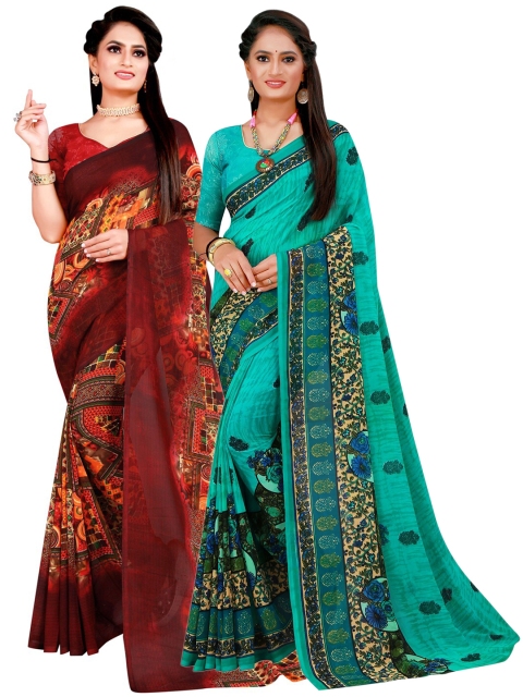 

KALINI Set Of 2 Turquoise Blue & Brown Floral Pure Georgette Saree