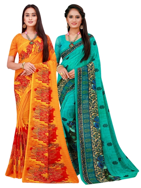 

KALINI Pack Of 2 Orange & Green Floral Pure Georgette Saree