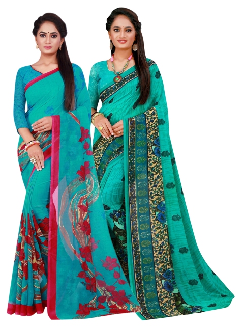 

KALINI Turquoise Blue & Pink Set Of 2 Floral Pure Georgette Saree