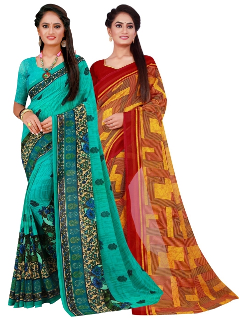 

KALINI Turquoise Blue & Orange Printed Pure Georgette Saree Pack Of 2