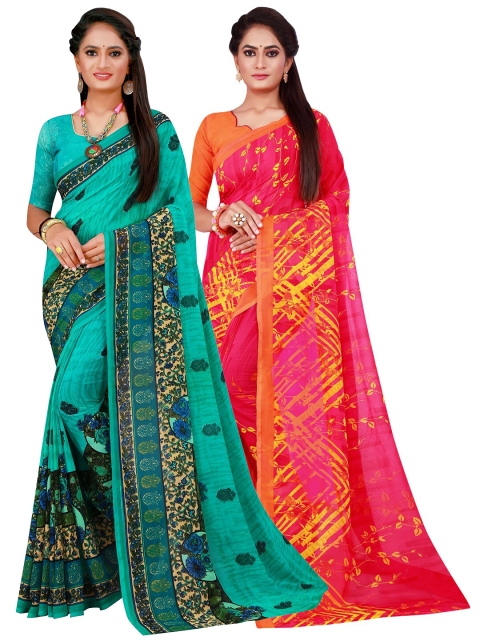 

KALINI Set Of 2 Turquoise Blue & Magenta Floral Pure Georgette Saree