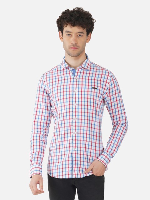 

OUTLAWS Men White Comfort Slim Fit Checked Casual Shirt