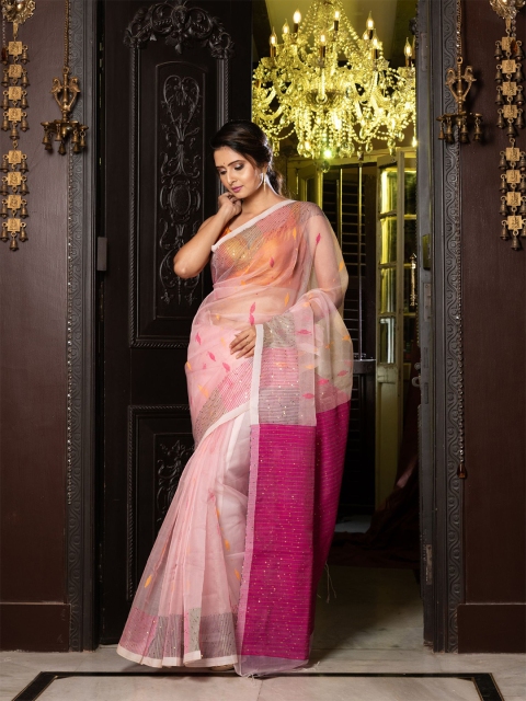 

Charukriti Pink & Orange Woven Design Sequinned Pure Silk Saree