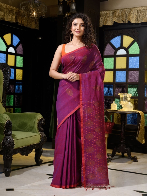 

Charukriti Magenta & Red Woven Design Pure Linen Saree