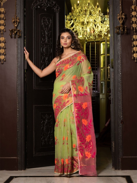 

Charukriti Green & Orange Floral Woven Design Jamdani Saree