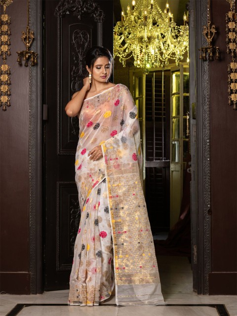 

Charukriti Off White & Gold-Toned Woven Design Silk Cotton Jamdani Saree