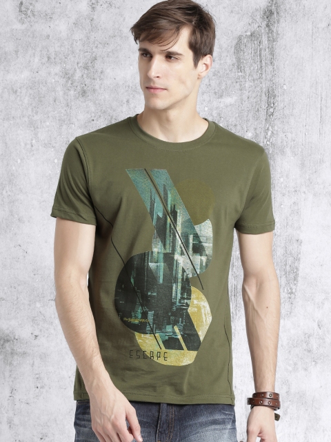 Roadster Men Olive Green Printed Round Neck T-shirt available at myntra for Rs.179