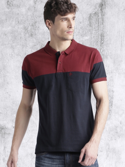

Roadster Men Navy Blue & Maroon Colourblocked Polo Collar T-shirt