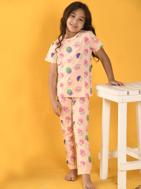 

Anthrilo Girls Peach-Coloured & Purple Printed Night suit