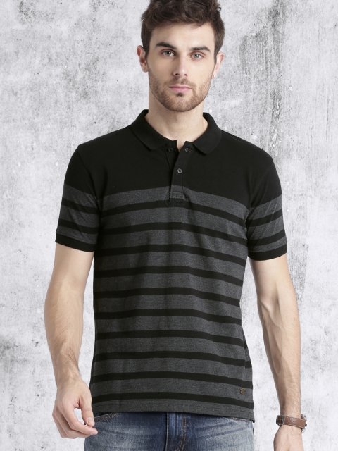 

Roadster Men Charcoal Grey & Black Striped Polo Collar T-shirt