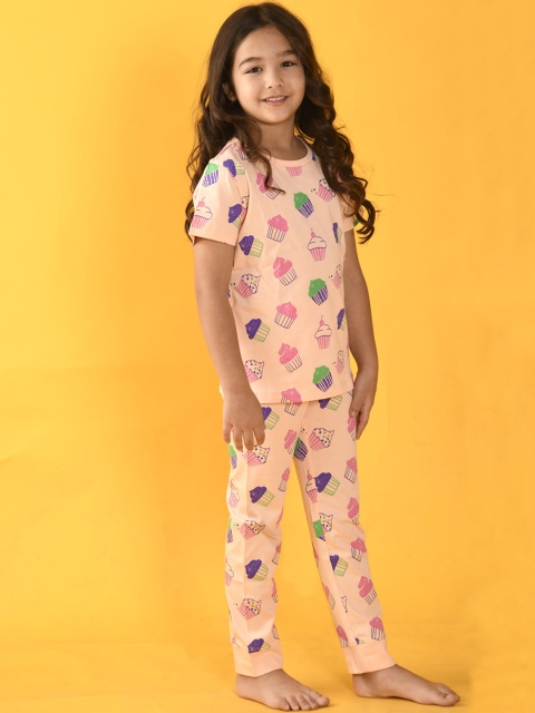 

Anthrilo Girls Peach-Coloured & Green Printed Night suit