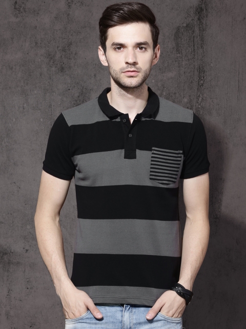

Roadster Men Charcoal Grey & Black Striped Polo Collar T-shirt
