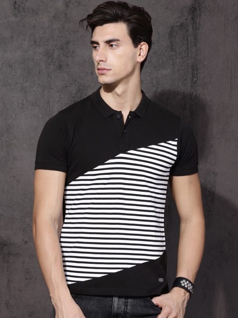 

Roadster Men Black & White Striped Polo Collar T-shirt