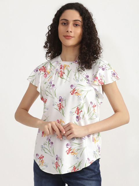 

United Colors of Benetton White & Multicoloured Floral Print Mandarin Collar Top