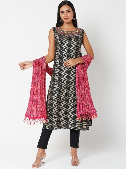 

SALWAR STUDIO Black Embroidered Chanderi Silk Kurta with Churidar & Dupatta