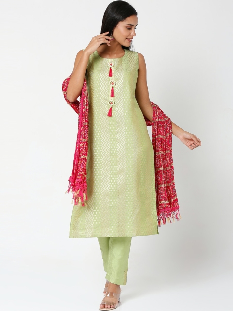 

SALWAR STUDIO Women Green Ethnic Motifs Embroidered Panelled Thread Work Chanderi Silk Kurta with Trousers &
