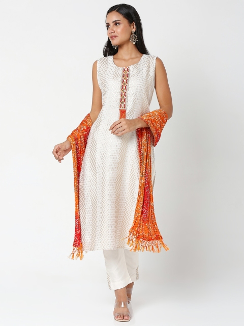 

SALWAR STUDIO Women Cream-Coloured Printed Chanderi Silk Kurta with Trousers