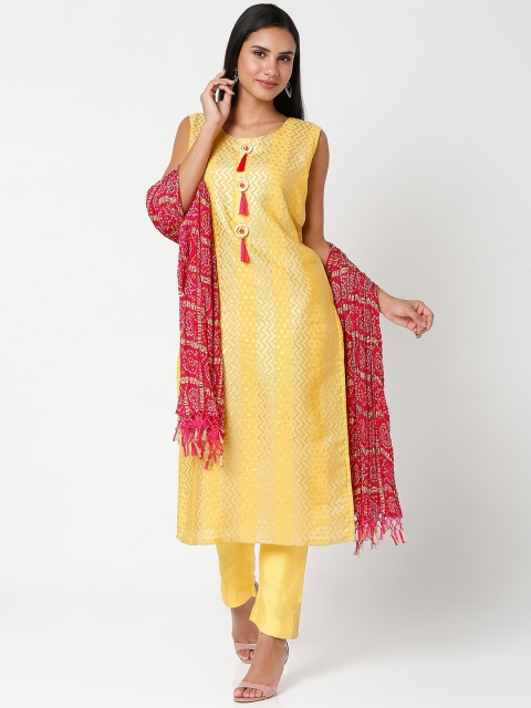 

SALWAR STUDIO Women Yellow Thread Work Chanderi Silk Kurti with Trousers & With Dupatta