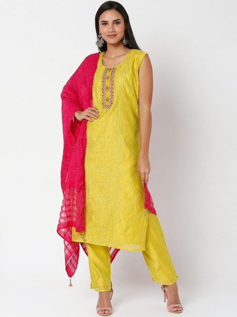 

SALWAR STUDIO Yellow Floral Embroidered Chanderi Silk Kurta with Trousers & With Dupatta