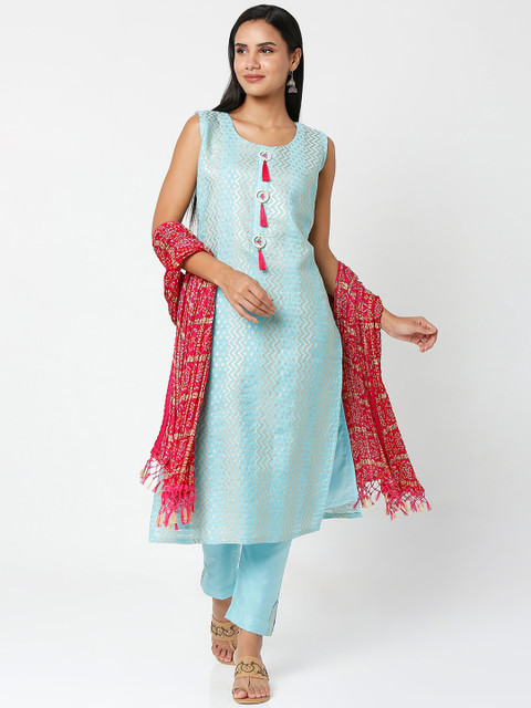 

SALWAR STUDIO Women Blue Thread Work Chanderi Silk Kurti with Trousers & With Dupatta