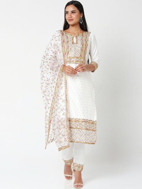 

SALWAR STUDIO Cream-Coloured Ethnic Motifs Embroidered Chanderi Silk Kurta Set