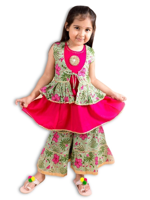 

Hopscotch Girls Green & Pink Printed Ready to Wear Lehenga &