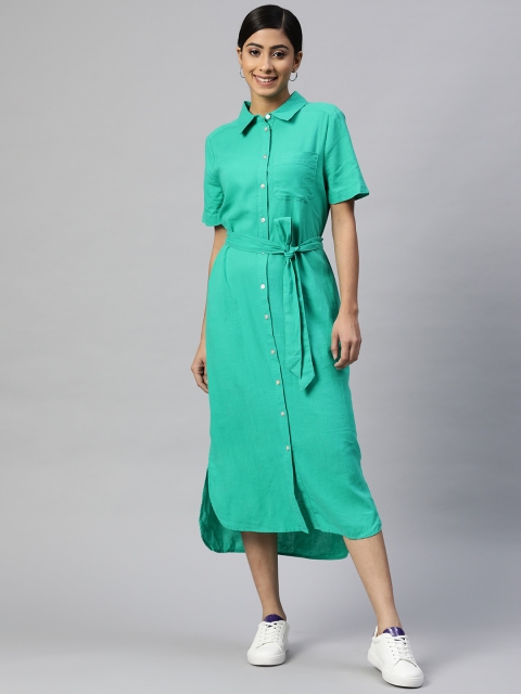 

Marks & Spencer Green Solid Shirt Midi Dress Comes with a Belt