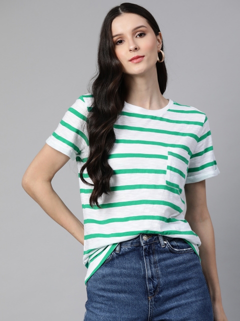 

Marks & Spencer Women White & Green Striped Pure Cotton T-shirt