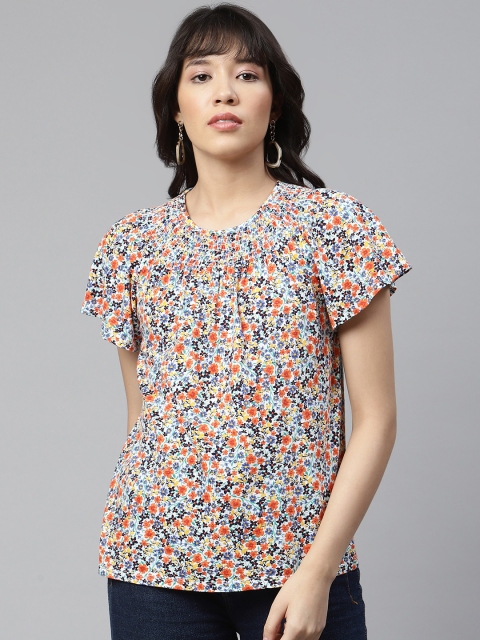 

Marks & Spencer Women White & Orange Pure Cotton Floral Print Smocked Detail Top