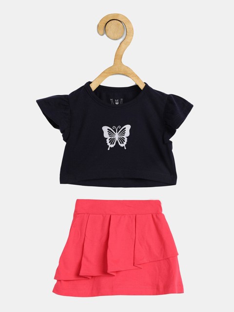 

Wyld Sprog Girls Navy Blue & Coral Printed Top with Skirt