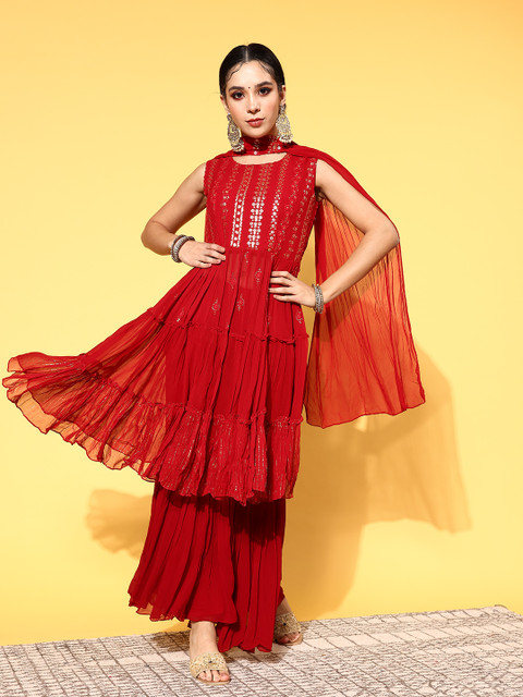 

ZOLA Women Embroidered Poly Georgette Bling it On Kurta Set, Red