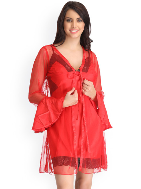 

Clovia Red Satin Baby-Doll Nightdress with Robe NS0287P04