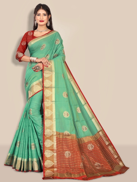 

Rivana Green & Maroon Woven Design Zari Pure Cotton Chanderi Saree