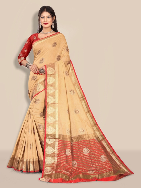

Rivana Cream-Coloured & Maroon Woven Design Zari Pure Cotton Chanderi Saree