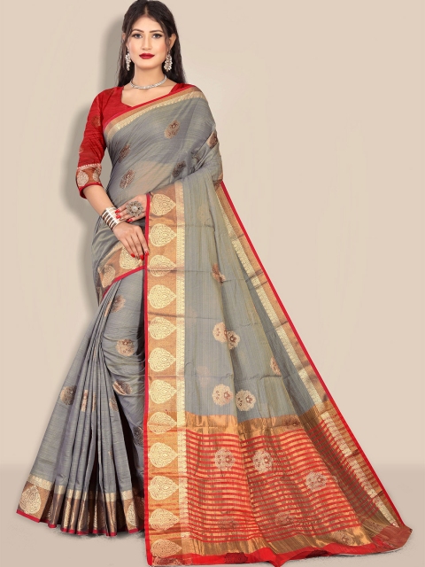 

Rivana Grey & Red Woven Design Zari Pure Cotton Chanderi Saree