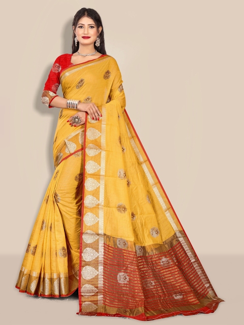 

Rivana Mustard & Red Woven Design Zari Pure Cotton Chanderi Saree