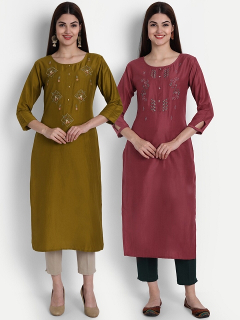 

7Threads Women Pack of 2 Floral Embroidered Straight Kurta, Maroon