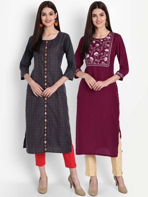 

7Threads Women Grey & Magenta Checked Kurta Pack Of 2