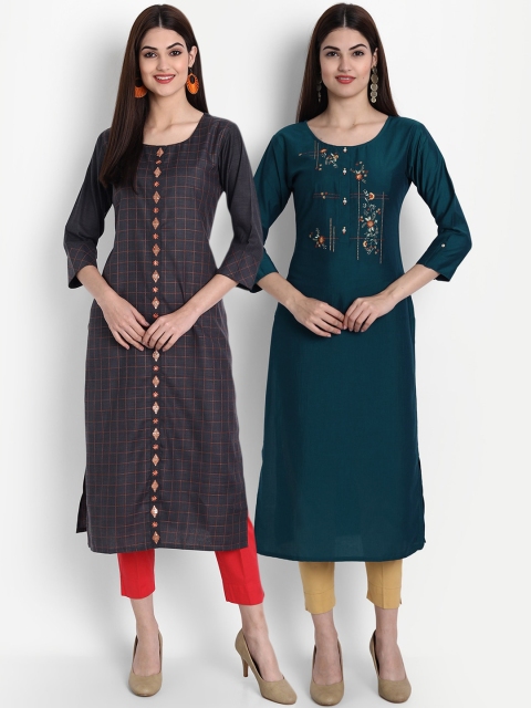 

7Threads Women Pack Of 2 Yoke Design Thread Work Kurta, Multi