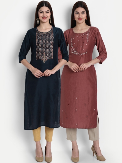 

7Threads Women Pack of 2 Blue & Pink Floral Embroidered Thread Work Kurta