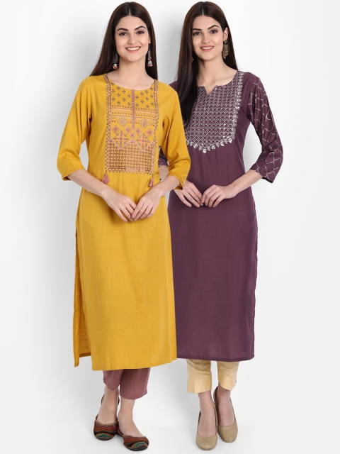 

7Threads Women Pack of 2 Yoke Design Thread Work Kurtas, Mustard