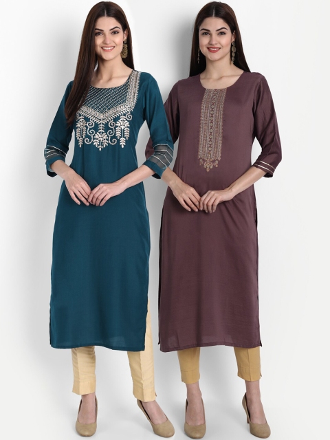 

7Threads Women Set Of 2 Teal Green & Brown Ethnic Motifs Yoke Design Kurta