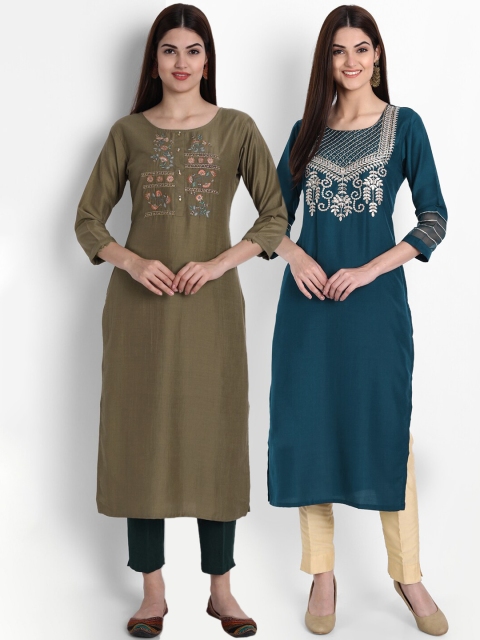 

7Threads Women Olive Green & Teal Pack Of 2 Ethnic Motifs Thread Work Kurta