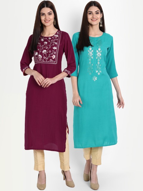 7Threads Women Maroon & Blue Ethnic Motifs Embroidered Kurta