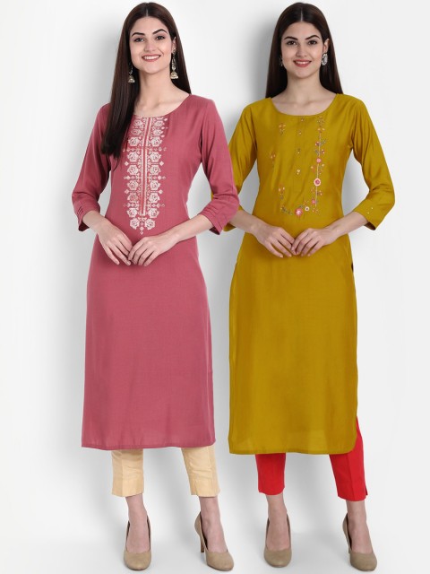 

7Threads Women Multicoloured Set of 2 Ethnic Motifs Embroidered Kurta, Multi