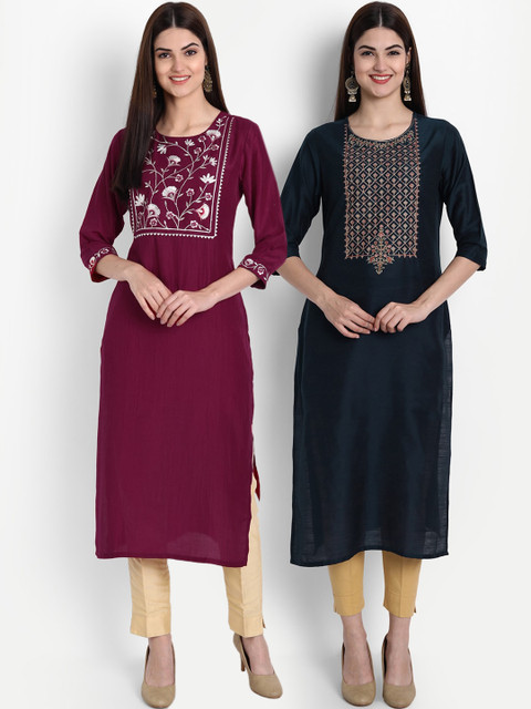 

7Threads Women Maroon & Green Pack of 2 Embroidered Thread Work Kurta