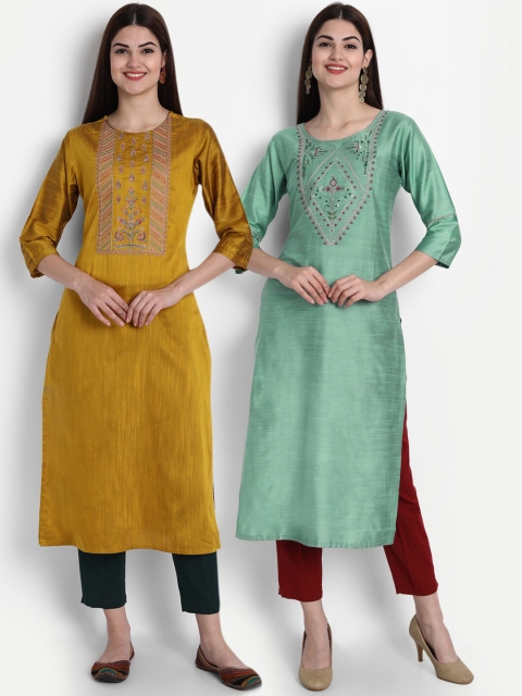 

7Threads Women Pack of 2 Ethnic Motifs Embroidered Straight Kurta, Mustard