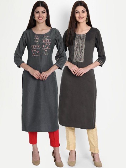 

7Threads Women Pack of 2 Grey & Charcoal Floral Kurtas